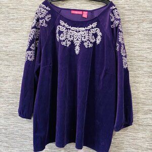 WOMAN WITHIN Velvet Tunic Top 2X Purple Embroidered Boho Long Sleeve Blouse